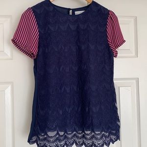 Apple & Eve blouse. Lined. Pink @ navy blue